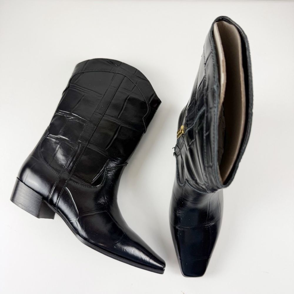 Vince Camuto Prilie Croc Boots Womens 7M Black Leather Heeled NEW - Picture 2 of 16